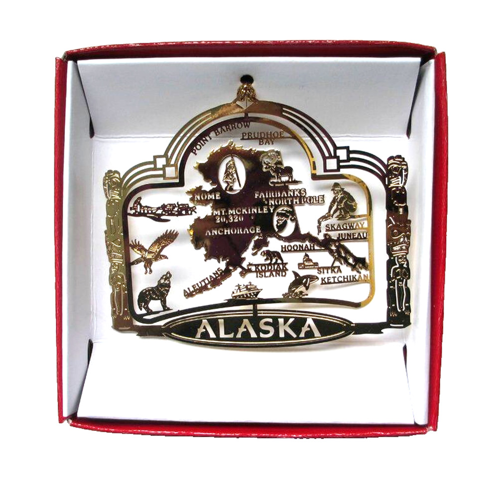 Alaska State Brass Ornament North Pole Anchorage Fairbanks Dog Sled Kodiak Eagle